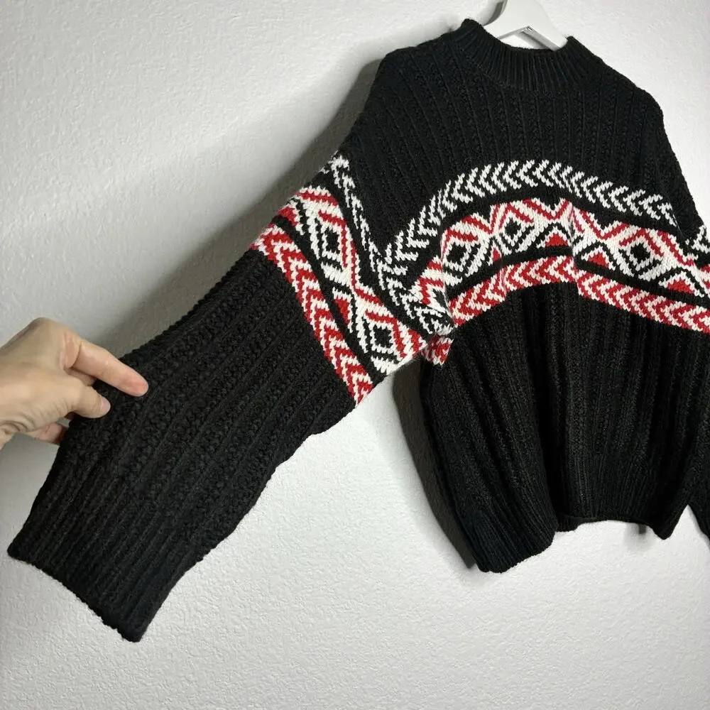 Sanctuary Intarsia Black Red and White Fair Isle Sweater M NWT